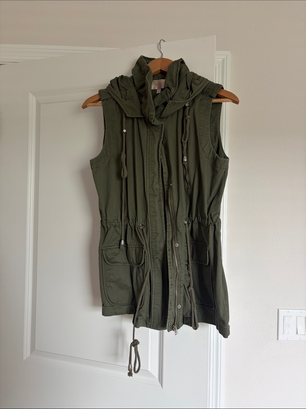 Skies Are Blue Olive Green Sleeveless Utility Vest with Hood